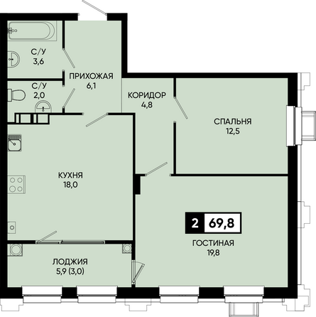Планировка 2-комн 69,8, 70,2 м²