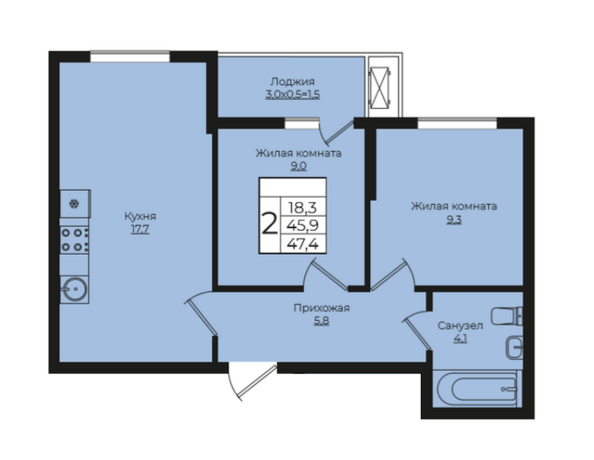 Планировка 2-комн 46,9, 47,4 м²