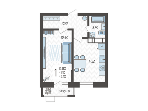 Планировка 1-комн 42,1 м²