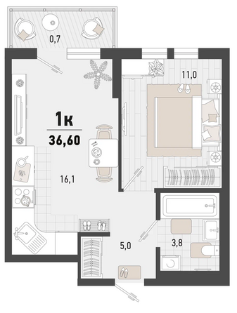 Планировка 1-комн 36,6 м²