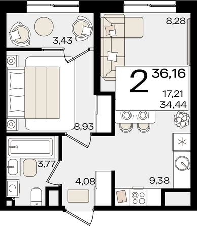 Планировка 2-комн 36,16 м²
