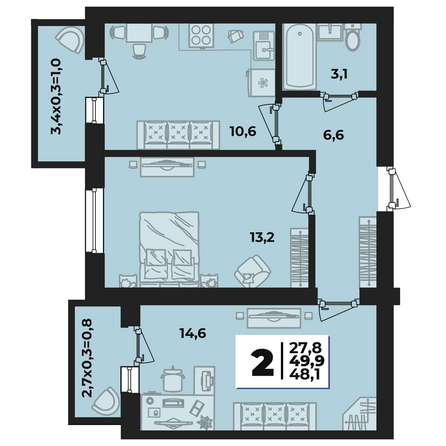 Планировка 2-комн 49,9 м²