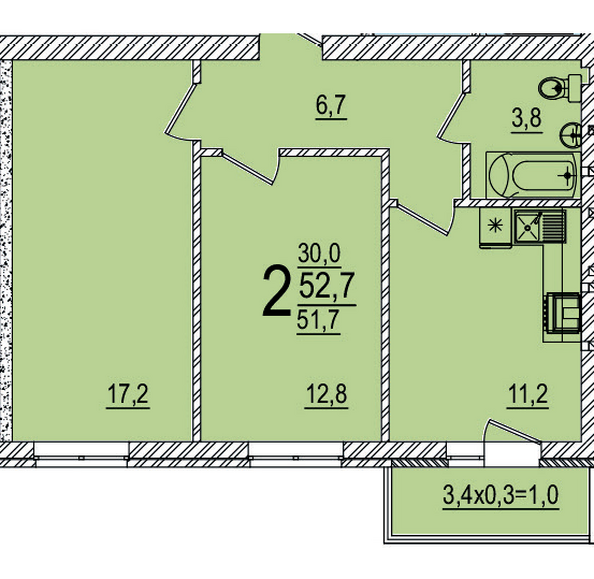 Планировка 2-комн 52,7 м²