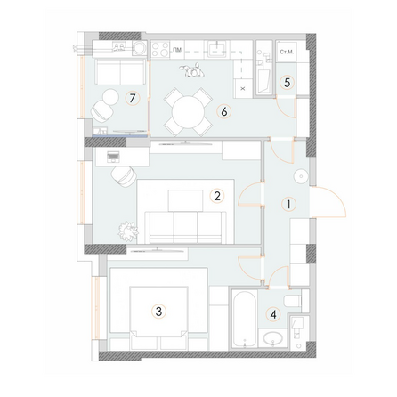 Планировка 2-комн 57 м²