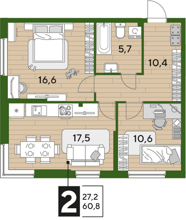 Планировка 2-комн 60,8 м²