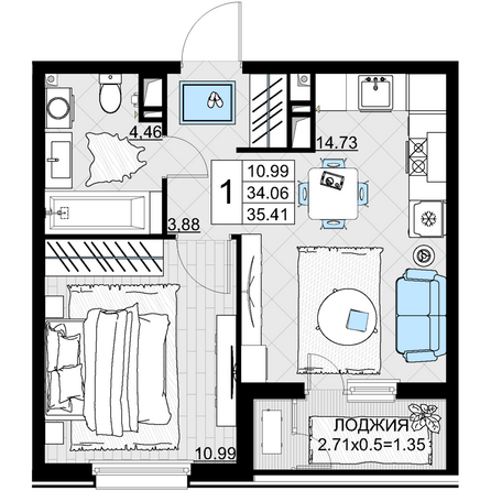 Планировка 1-комн 35,41 м²