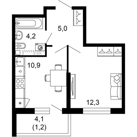 Планировка 1-комн 33,6 м²