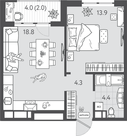 Планировка 1-комн 43,4 м²