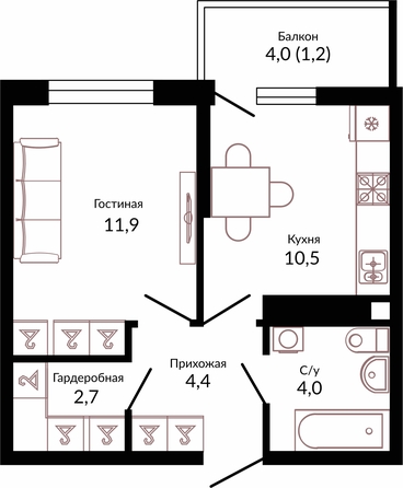 Планировка 1-комн 34,7 м²