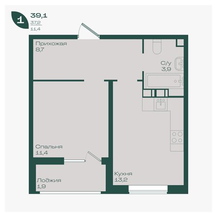 Планировка 1-комн 39,1 м²