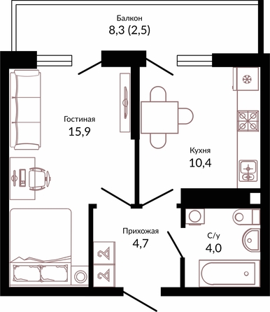 Планировка 1-комн 37,5 м²