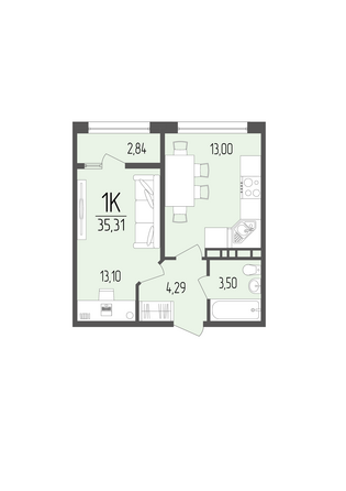Планировка 1-комн 35,31 м²