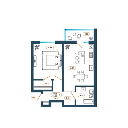 Планировка 1-комн 51,35 м²