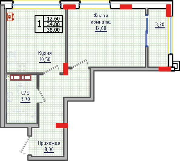 Планировка 1-комн 38 м²