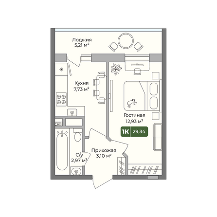 Планировка 1-комн 29,34 м²