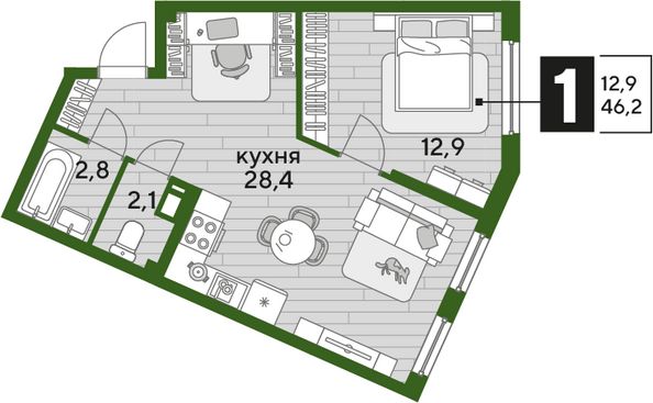 Планировка 1-комн 46,2 м²