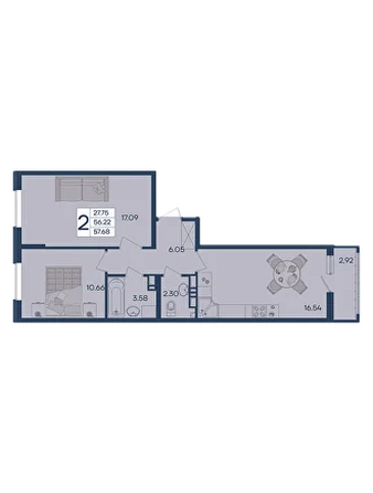 Планировка 2-комн 57,68 м²