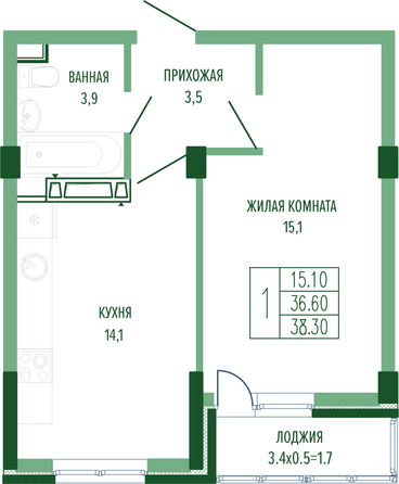 Планировка 1-комн 38,3 м²