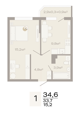 Планировка 1-комн 34,6 м²