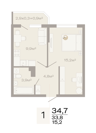 Планировка 1-комн 34,7 м²