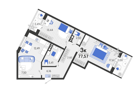 Планировка 3-комн 77,57 м²