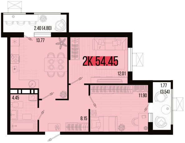 Планировка 2-комн 54,45 м²