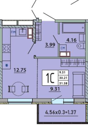 Планировка Студия 31,58 м²