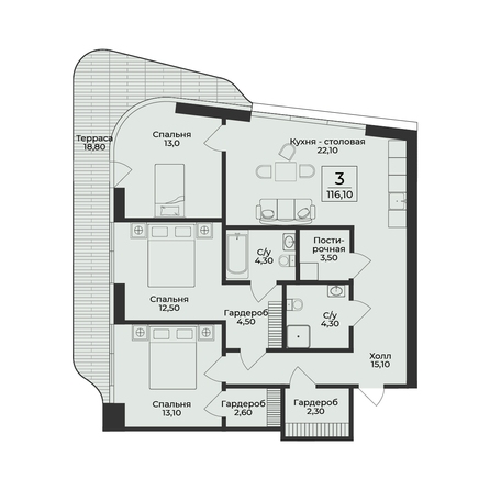 Планировка 3-комн 116,1 м²