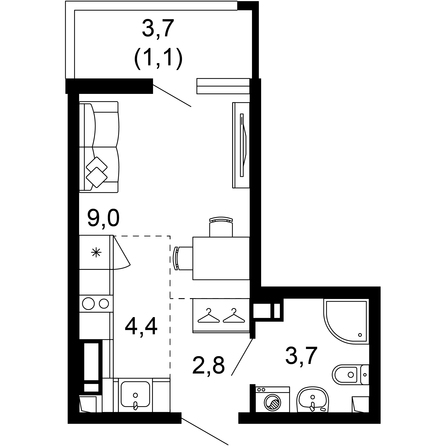 Планировка 1-комн 21 м²