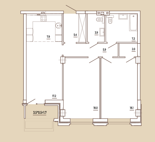 Планировка 3-комн 87,4 м²