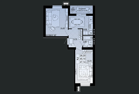 Планировка 2-комн 47,14 м²
