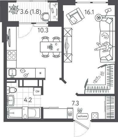 Планировка 1-комн 39,7 м²