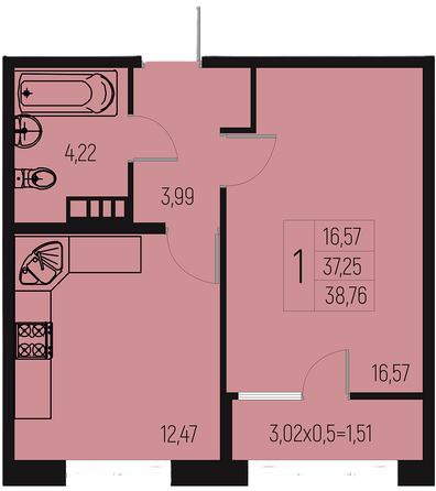 Планировка 1-комн 38,76, 39,19 м²