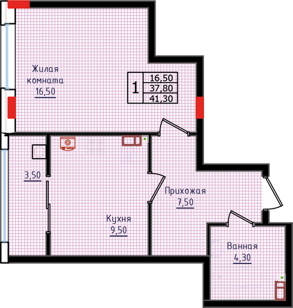 Планировка 1-комн 41, 41,3 м²