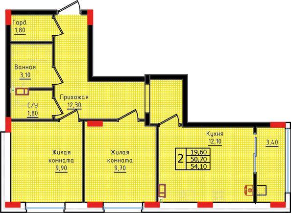 Планировка 2-комн 53 - 54,1 м²