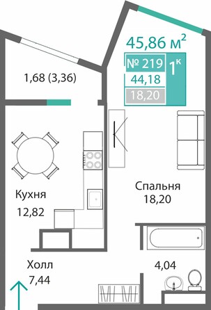 Планировка 1-комн 43,36, 44,18 м²