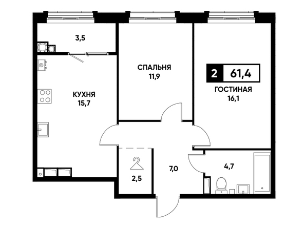 Планировка 2-комн 61,4 м²