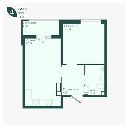 Планировка 1-комн 39,5 - 40,3 м²