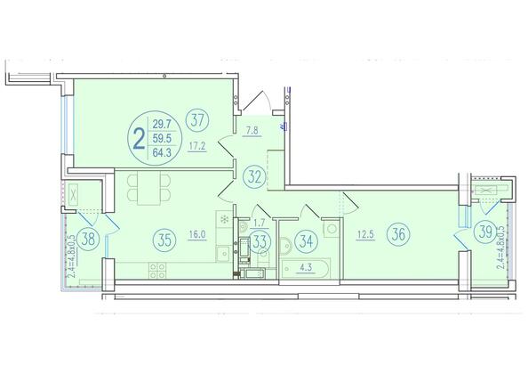 Планировка 2-комн 64,3 - 65 м²