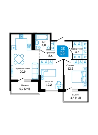 Планировка 2-комн 66,7 м²