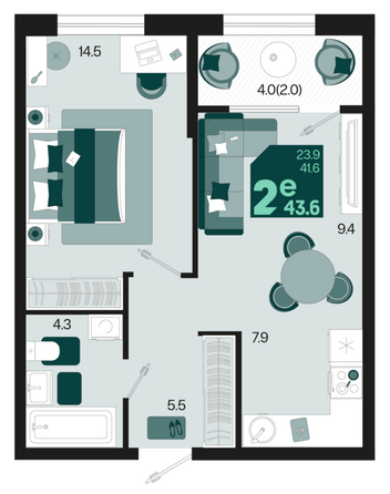 Планировка 2-комн 43,6 м²