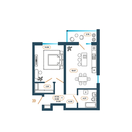 Планировка 1-комн 51,06 м²
