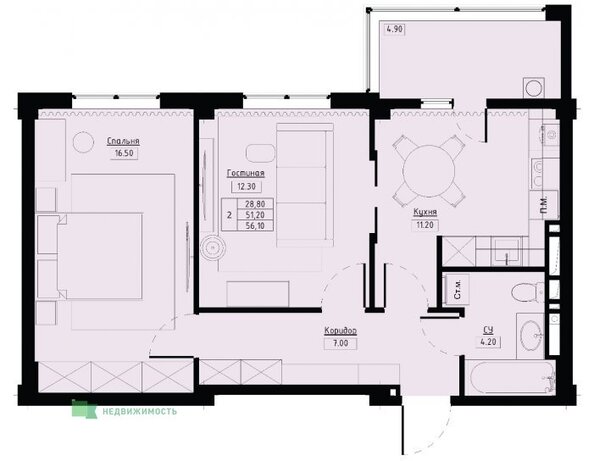 Планировка 2-комн 56,1 м²