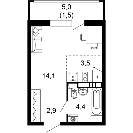 Планировка 1-комн 26,4 м²