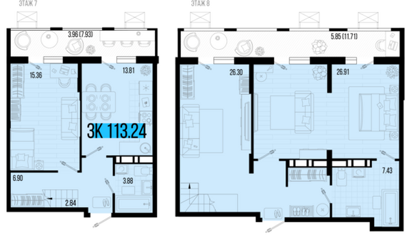 Планировка 3-комн 113,24, 113,54 м²