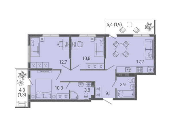 Планировка 3-комн 71 м²