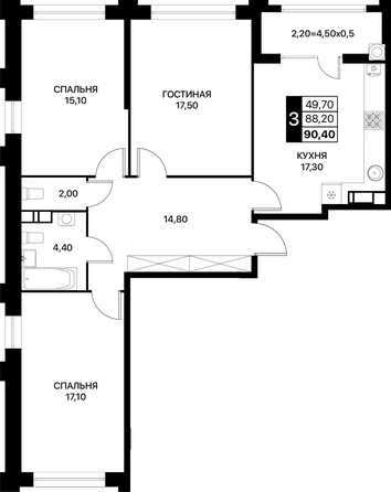 Планировка 3-комн 90,4 м²