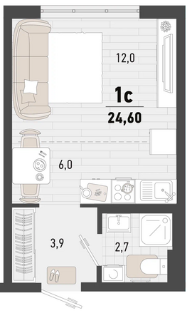 Планировка 1-комн 24,6 м²