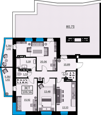 Планировка 3-комн 109,56 м²