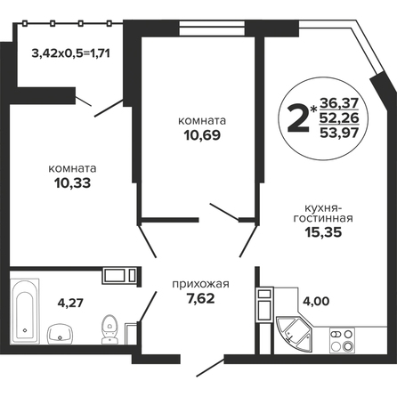 Планировка 2-комн 53,97 м²
